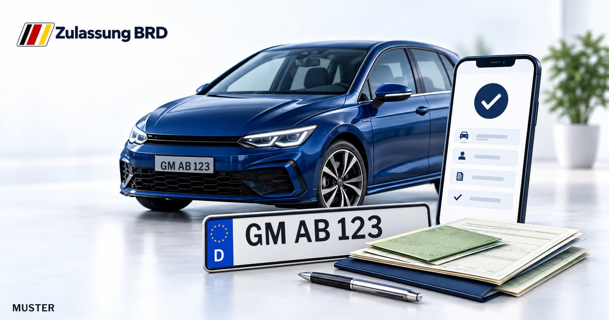 Online Fahrzeugzulassung in Lindlar: Musterkennzeichen GM AB 123, Auto und Fahrzeugpapiere und Smartphone. Illustration mit Logo von Zulassung BRD.